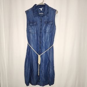 Liz Lange Maternity Sz L Denim Dress Sleeveless Collar Button Front Tie Waist
